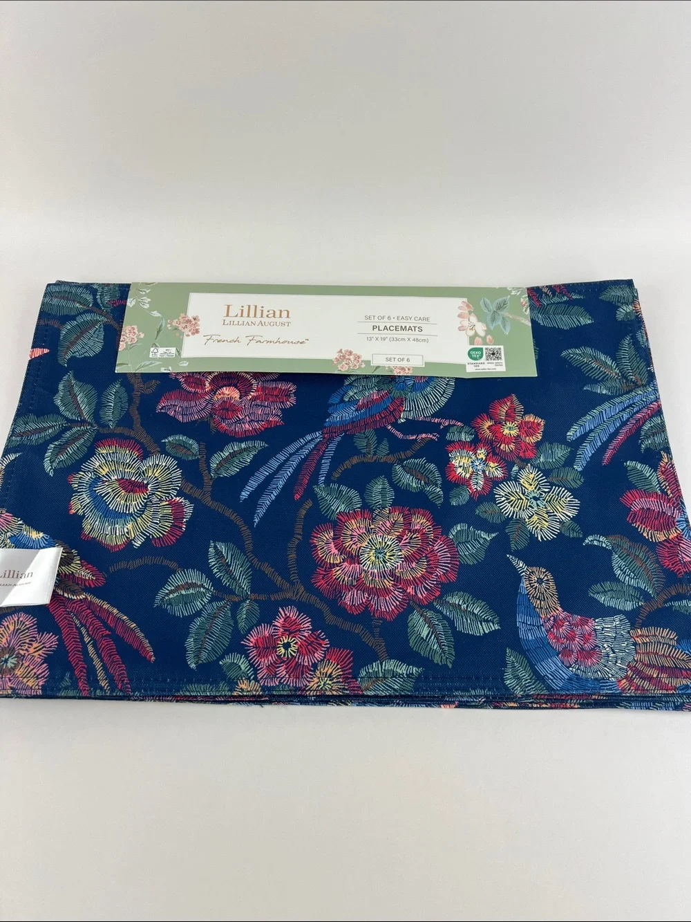 Lillian August French Farmhouse Placemats Multi Color Floral Birds Set of 6 NEW